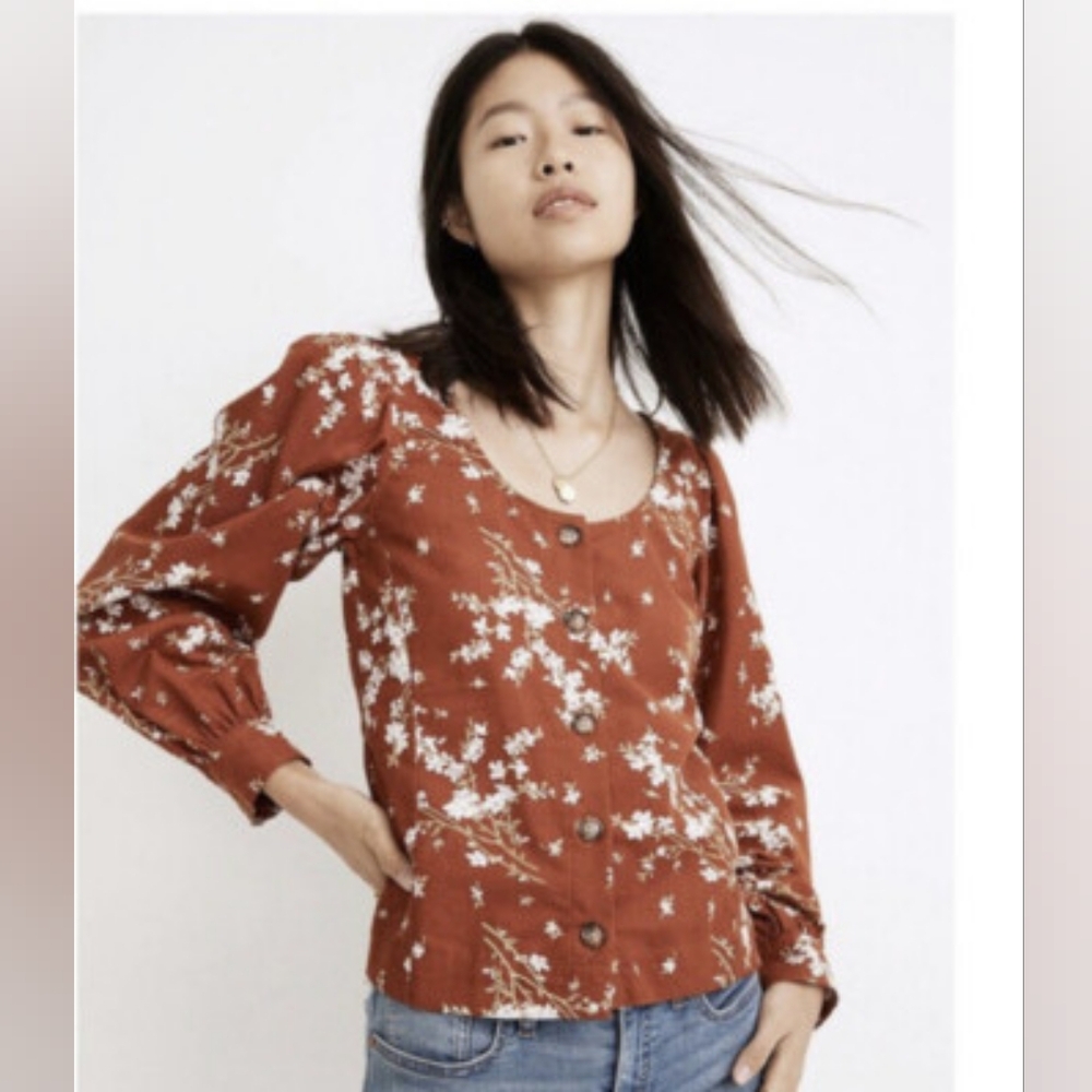 Madewell Rust Floral Corduroy Button Front Blouse Small Cottagecore Fall Boho